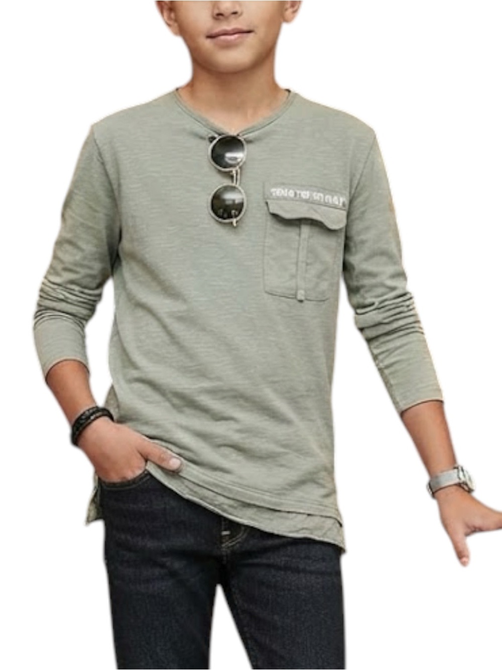 Zara Boys Utility Y2K Olive Green Long Sleeve Pocket Cargo Tee Age 11-12 Years